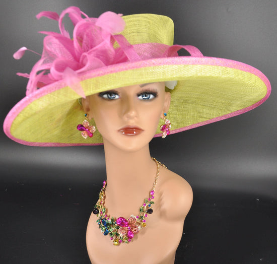 Lime Green Hot Pink Wide Brim Sinamay Hat, Kentucky Derby Hat, Wedding Tea Party Garden Party Hat, Church, Mother of The Bride, Ascot Royal