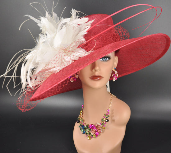 Red White Feather Flower Wide Brim Kentucky Derby Hat, Ascot Hat for Wedding & Tea Party, Garden Party Hat, Mother of the Bride, Church