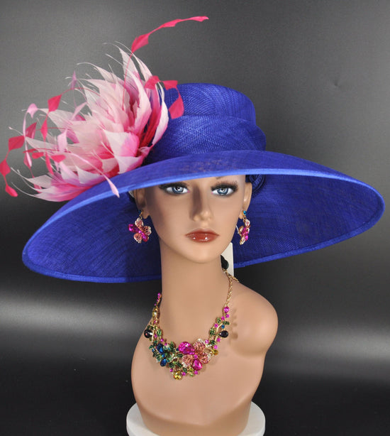 Royal Blue Sinamay Derby Hat: Fuchsia Feather Flower, Wide Brim