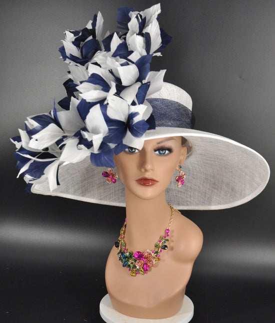 Wide Brim Sinamay Kentucky Derby Hat, White & Navy Feather Flower