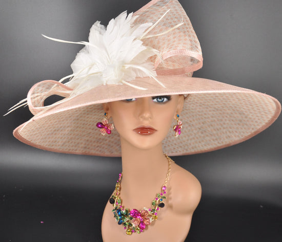 Blush Dust Pink Polka Dots Wide Brim Sinamay Hat for Kentucky Derby, Ascot Racing Hat, Elegant Wedding Guest Hat, Mother of the Bride Hat