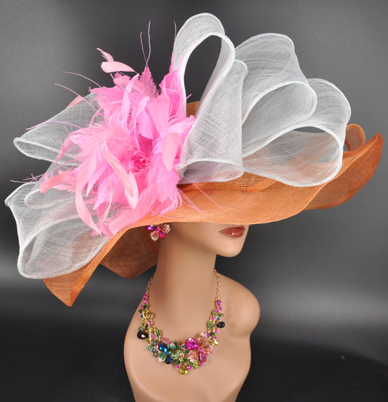 Orange Sinamay Wide Brim Hat, Pink Feather Flower, Derby Style