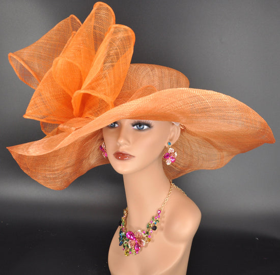 Orange Sinamay Derby Hat: Wide Brim Tea Party Wedding