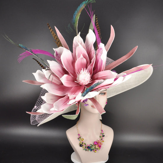 Ivory Off White Pink Flower Wide Brim Kentucky Derby Hat, Ascot Hat for Wedding & Tea Party, Garden Party Hat, Mother of the Bride, Church