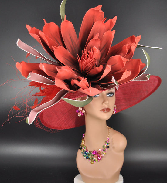 Red Feather Flower Wide Brim Kentucky Derby Hat, Ascot Hat for Wedding & Tea Party, Garden Party Hat, Mother of the Bride, Church