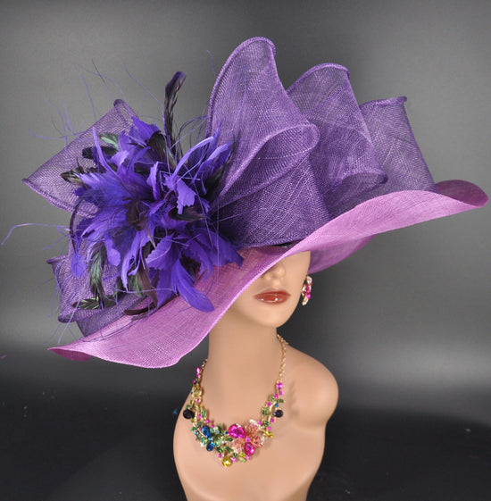 Purple Sinamay Kentucky Derby Hat, Wide Brim Feather Flower