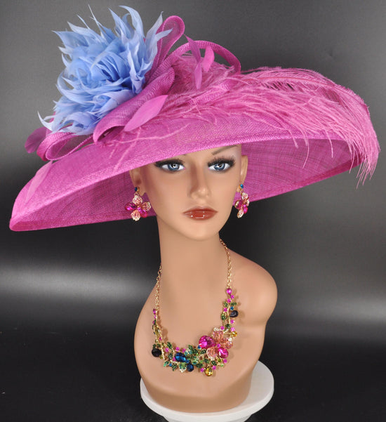 Fuchsia Sinamay Derby Hat: Feather Flower Wide Brim