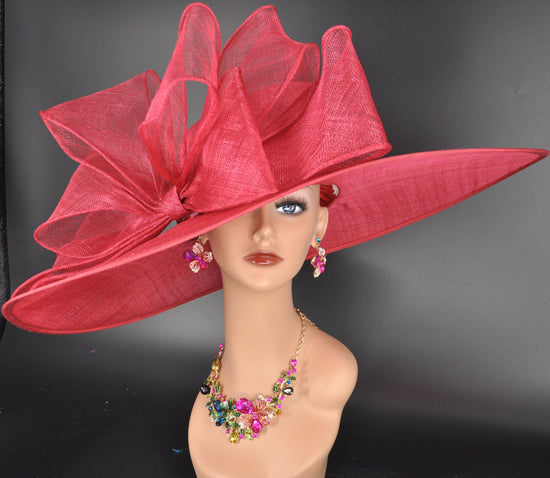 Red Wide Brim Sinamay Kentucky Derby Hat, Ascot Hat for Wedding & Tea Party, Garden Party Hat, Mother of the Bride, Church