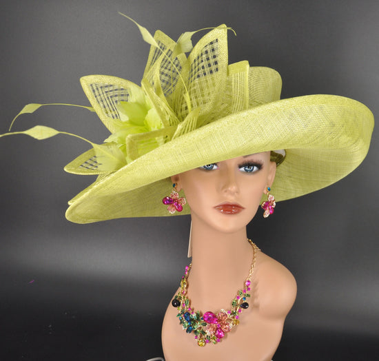Lime Green Derby Hat: Wide Brim Sinamay Church Hat