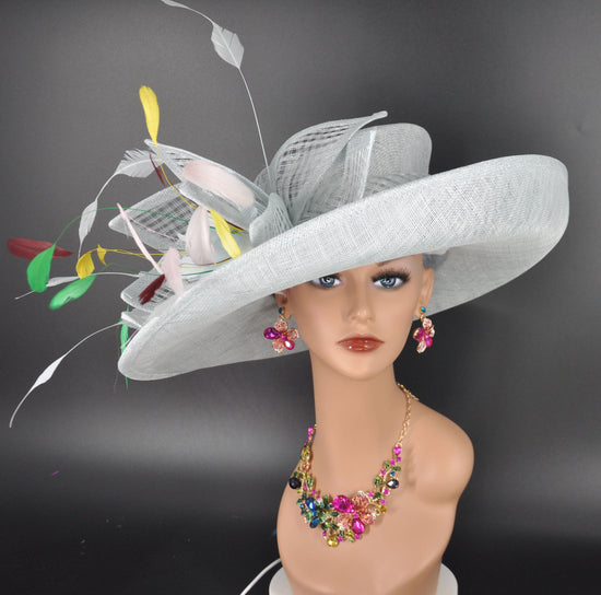 Wide Brim Sinamay Derby Hat, Feather Accent, Tea Party Wedding