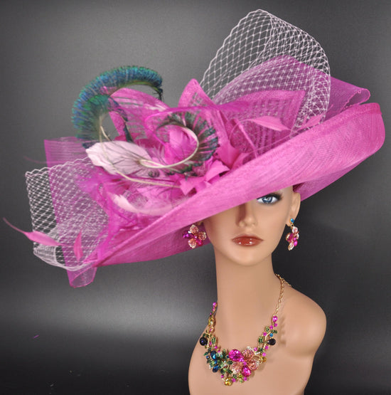 Fuchsia Feather Floral Wide Brim Sinamay Derby Hat, Feather & Bow Statement Hat, Ascot Fascinator for Wedding, Church, Tea Party
