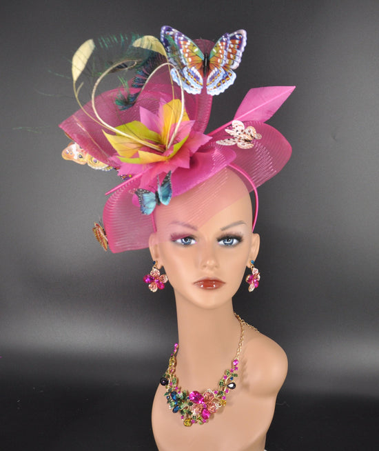 Fuchsia Pink Fascinator Hat: DerbyFeather & Butterfly Headband