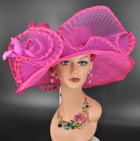 Fuchsia Pink Crin Wave Design Wide Brim Wedding Hat for Kentucky Derby,Tea&Garden Party,Wedding Party, Ascot Royal Party,Mother of The Bride