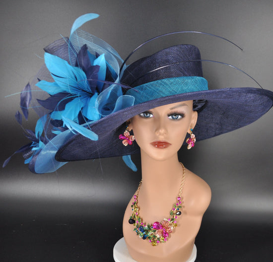 Navy Blue Teal Blue Wide Brim Kentucky Derby Hat, Ascot Hat for Wedding & Tea Party, Garden Party Hat, Mother of the Bride, Church