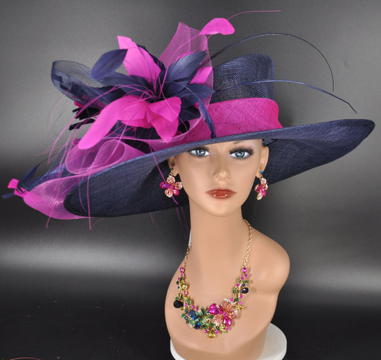 Wide Brim Kentucky Derby Hat, Ascot Hat for Wedding & Tea Party, Garden Party Hat, Mother of the Bride, Church Navy Blue W Fuchsia Pink