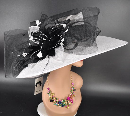 White Black Wide Brim Sinamay Hat,Kentucky Derby Hat, Ascot Royal,Tea Garden Party Hat, Church Hat, Mother of the Bride Elegant Occasion
