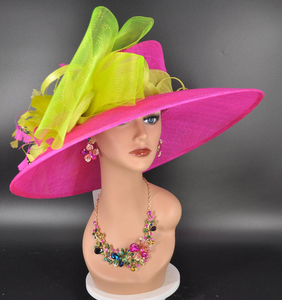 Fuchsia Pink Green Wide Brim Sinamay Hat,Kentucky Derby Hat, Ascot Royal,Tea Garden Party Hat, Church Hat, Mother of the Bride Occasion
