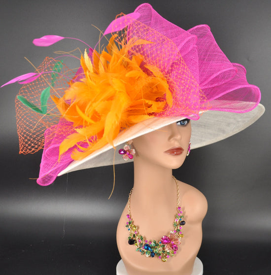 Off White Sinamay Derby Hat: Orange & Fuchsia Pink Flower Bow