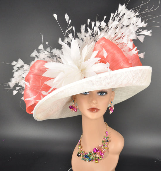 Ivory Coral Pink Wide Brim Kentucky Derby Hat, Ascot Hat for Wedding & Tea Party, Garden Party Hat, Mother of the Bride, Church