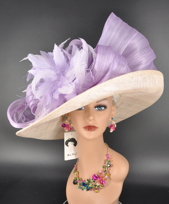 Champagne Sinamay Derby Hat: Lavender Feather Wedding Tea Party Hat