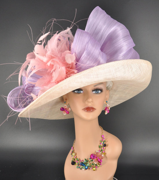 Champagne Lavender Pink Feather Wide Brim Sinamay Derby Hat, Feather & Bow Statement Hat, Ascot Fascinator for Wedding, Church, Tea Party