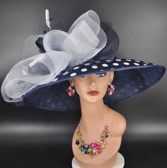 Navy Blue Polka Dot Wide Brim Sinamay Hat for Kentucky Derby, Ascot Royal , Wedding,Tea Garden Party, Church,Mother of the Bride, Easter Day