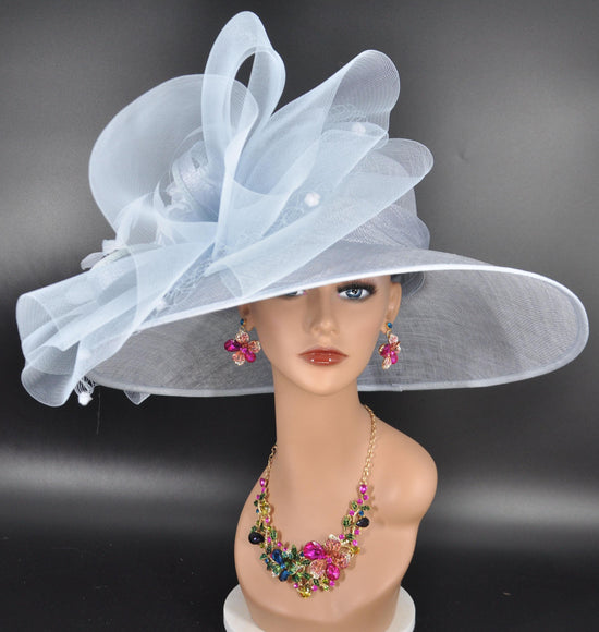 Light Blue Wide Brim Sinamay Hat for Kentucky Derby, Ascot Royal , Wedding, Tea Garden Party, Church, Mother of the Bride, Easter Day