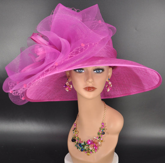 Fuchsia Pink Wide Brim Sinamay Hat for Kentucky Derby, Ascot Royal , Wedding, Tea Garden Party, Church, Mother of the Bride, Easter Day