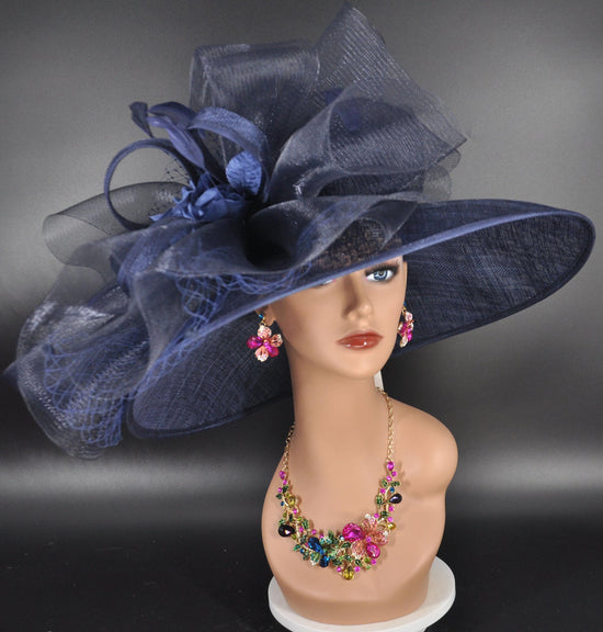 Navy Blue Wide Brim Sinamay Hat for Kentucky Derby, Ascot Royal , Wedding, Tea Garden Party, Church, Mother of the Bride, Easter Day