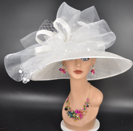 White Wide Brim Sinamay Hat with Tulle Bow, Wedding Church Hat, Mother of the Bride Hat,Garden Tea Party Hat,Kentucky Derby Hat,Ascort Royal
