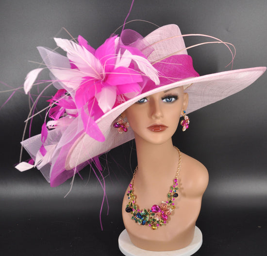 Baby Pink Fuchsia Pink Flower Wide Brim Kentucky Derby Hat,Ascot Hat for Wedding & Tea Party, Garden Party Hat, Mother of the Bride, Church