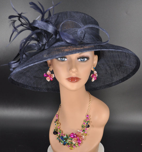 Navy Blue Kentucky Derby Hat, Wide Brim Feather Ascot Hat