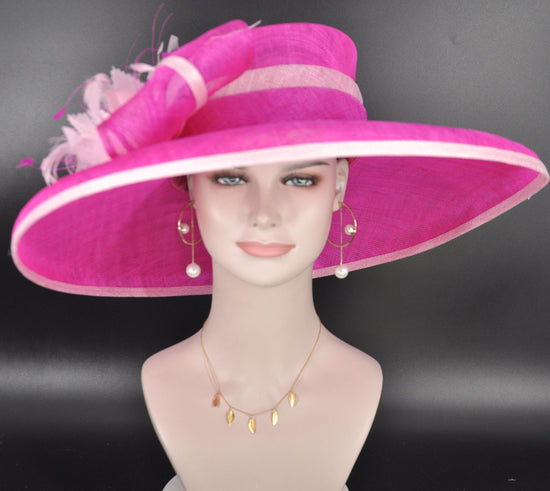 Fuchsia Pink Feather Derby Hat: Wide Brim Sinamay Headpiece