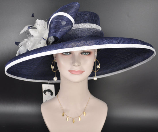 Navy Blue White Wide Brim Sinamay Hat Kentucky Derby Hat Wedding Church Tea Party Garden Carriage Party Ascort Royal Party Hat