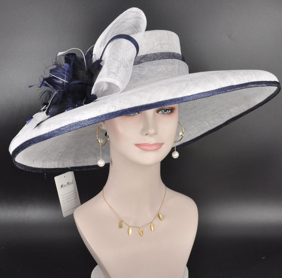 White Navy Blue FeatherWide Brim Kentucky Derby Hat, Ascot Hat for Wedding & Tea Party, Garden Party Hat, Mother of the Bride, Church
