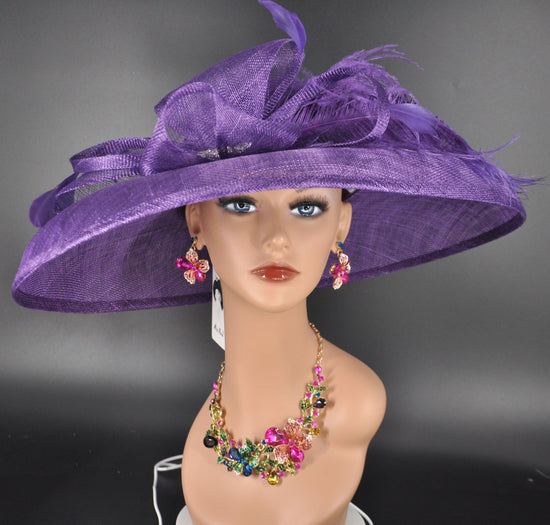 Purple Feathered Wide Brim Kentucky Derby Hat, Ascot Hat for Wedding & Tea Party, Garden Party Hat, Mother of the Bride, Church
