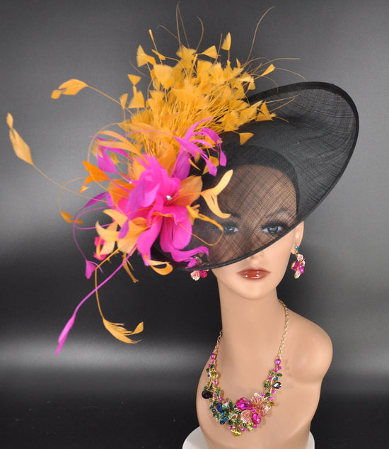 Black Sinamay Fascinator Hat with Fuchsia, Orange Feather Flowers
