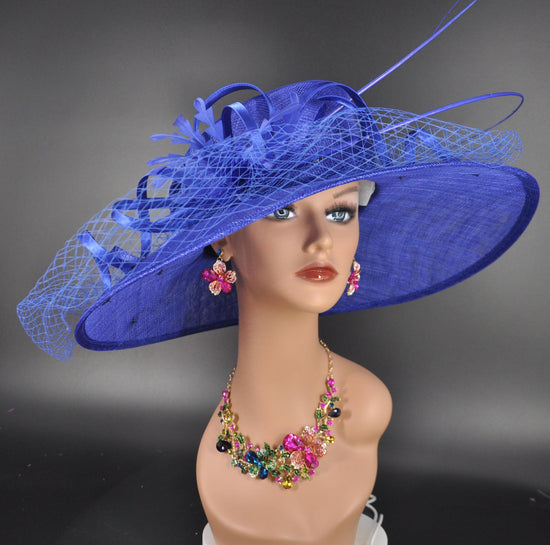 Royal Blue Sinamay Wide Brim Hat: DerbyAscot Occasion