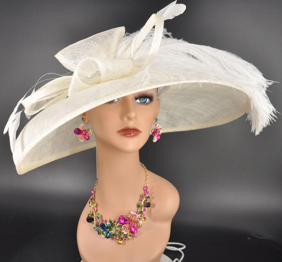 Wide Brim Kentucky Derby Hat, Ascot Hat for Wedding & Tea Party, Garden Party Hat, Mother of the Bride, Church Ivory/Off White