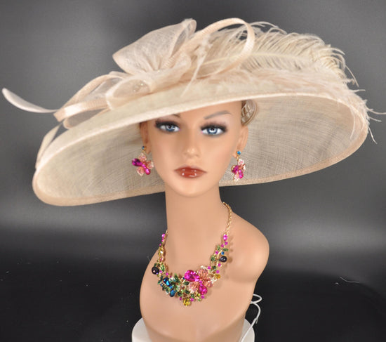 Champagne Sinamay Derby Hat: Wide Brim Feathered Church Wedding Hat
