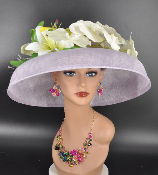 Lilac Audrey Hepburn Style Wide Brim Sinamay Hat for Kentucky Derby, Ascot Racing Hat, Elegant Wedding Guest Hat, Mother of the Bride Hat