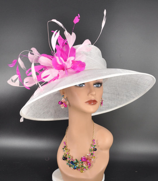 White Pink Feather Flower Wide Brim Kentucky Derby Hat, Ascot Hat for Wedding & Tea Party, Garden Party Hat, Mother of the Bride, Church