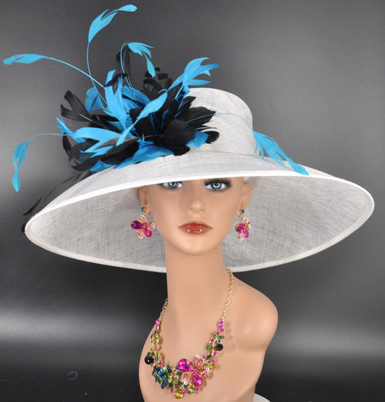 white Teal Blue Black Wide Brim Kentucky Derby Hat, Ascot Hat for Wedding & Tea Party, Garden Party Hat, Mother of the Bride, Church