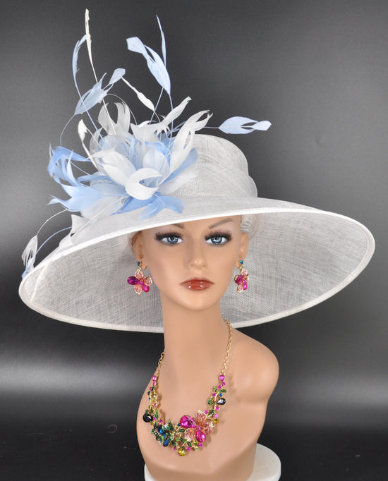 White Light Blue Feather Wide Brim Kentucky Derby Hat, Ascot Hat for Wedding & Tea Party, Garden Party Hat, Mother of the Bride, Church