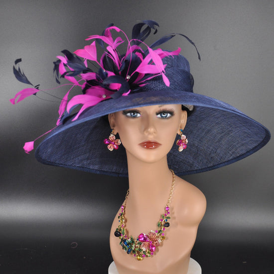 Navy Fuchsia Feather Flower Wide Brim Kentucky Derby Hat, Ascot Hat for Wedding & Tea Party, Garden Party Hat, Mother of the Bride,Church