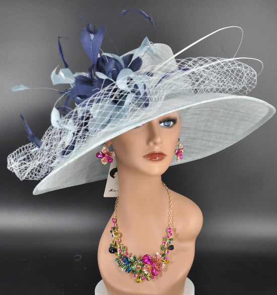 Powder Blue, Navy Feather Flower Wide Brim Kentucky Derby Hat, Ascot Hat for Wedding Tea Party, Garden Party Hat, Mother of the Bride,Church
