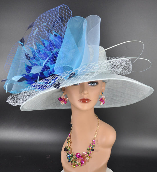Powder Blue Teal Royal Blue Wide Brim Kentucky Derby Hat, Ascot Hat for Wedding & Tea Party, Garden Party Hat, Mother of the Bride, Church
