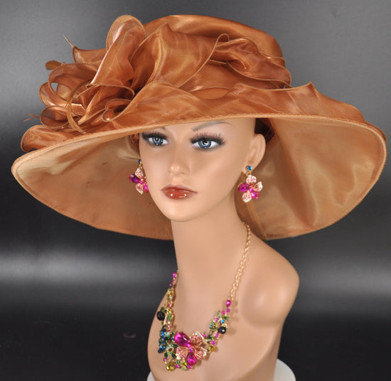 Gold Organza Derby Hat: Wide Brim Tea Party Wedding Hat