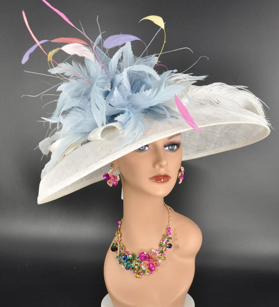 White Sinamay Derby Hat: Powder Blue Feather Flower
