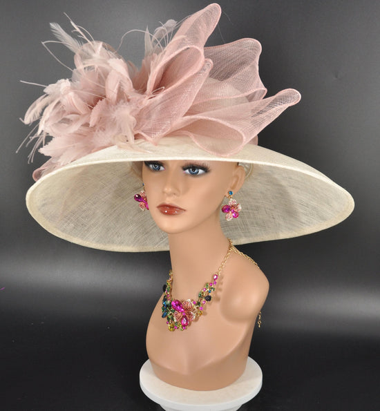 Ivory Sinamay Derby Hat: Blush Pink Feather Flowers & Bows